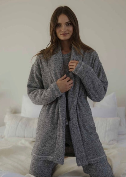 Snuggle Long Knitted Cardi Robe in Salt + Pepper