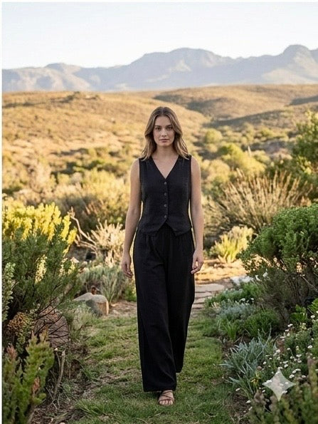 Lila Rose Short Linen Blend Waistcoat - Black