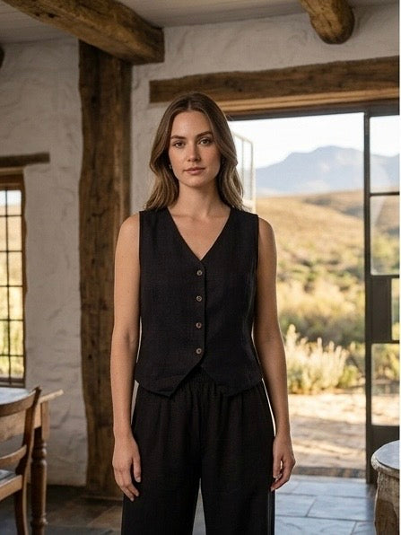 Lila Rose Short Linen Blend Waistcoat - Black