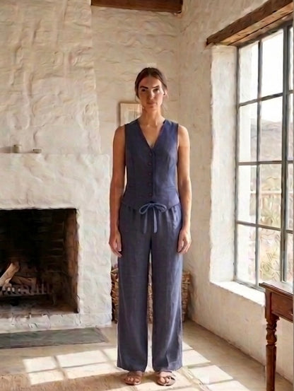 Lila Rose Short Linen Blend Waistcoat - Navy