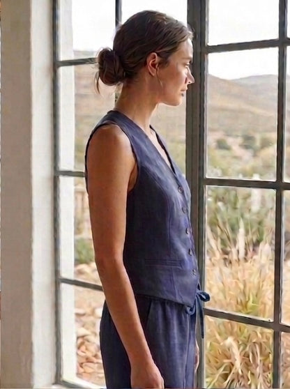 Lila Rose Short Linen Blend Waistcoat - Navy