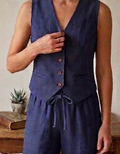Lila Rose Short Linen Blend Waistcoat - Navy