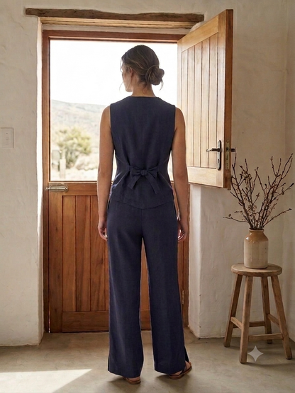 Lila Rose Short Linen Blend Waistcoat - Navy