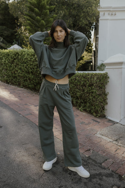 Lila Rose Cotton Fleece Pleated Track Pants-Khaki