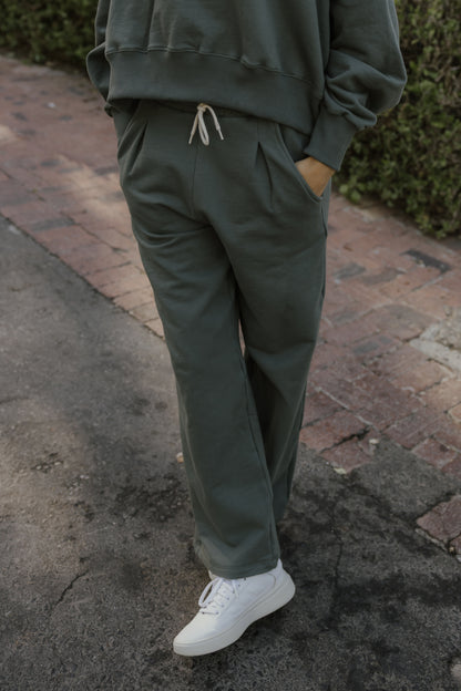 Lila Rose Cotton Fleece Pleated Track Pants-Khaki