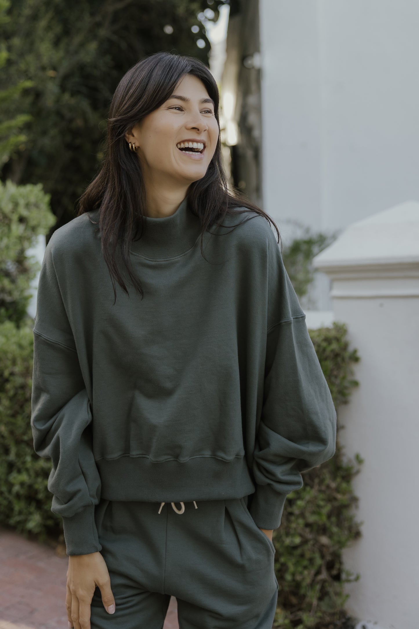 Lila Rose Cotton Fleece Pleated Track Pants-Khaki