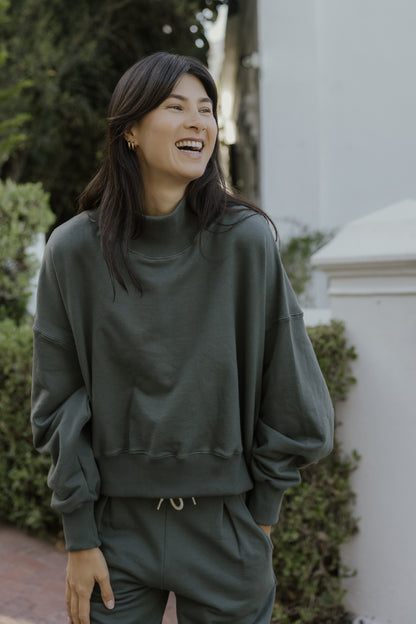 Lila Rose Cotton Fleece Pleated Track Pants-Khaki