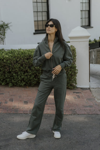 Lila Rose Cotton Fleece Straight Leg Track Pants - Khaki