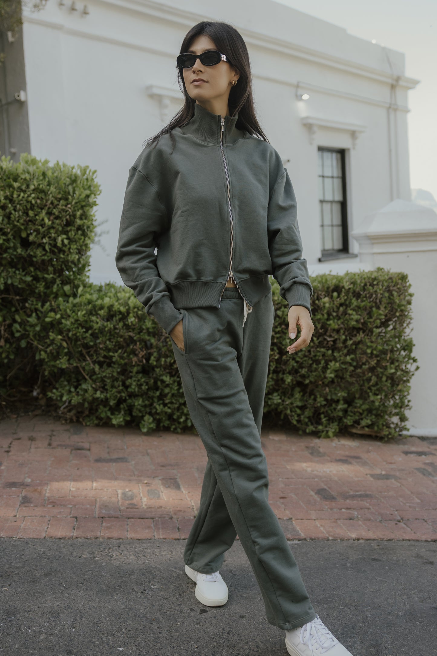 Lila Rose Cotton Fleece Straight Leg Track Pants - Khaki