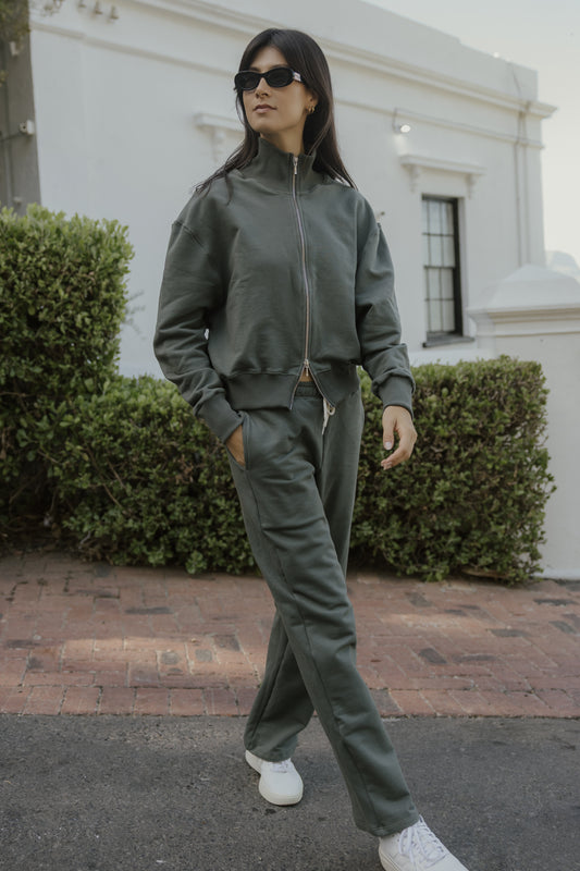 Lila Rose Cotton Fleece Straight Leg Track Pants - Khaki